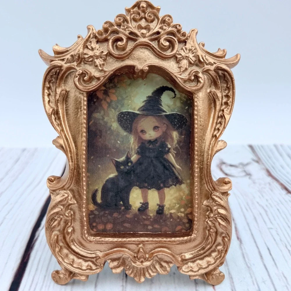 Miniature‎ Ornate Gold Framed Witch and Black Cat Original Art Print 4.5x3.5